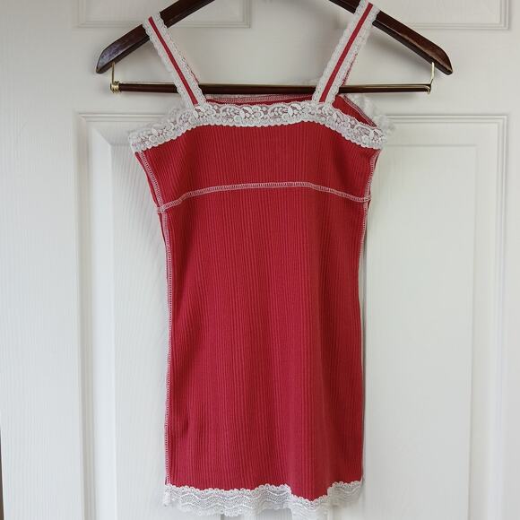 Mossimo Red Ribbed Cami Tank Top w/ White Lace Trim Girls Large long line - Picture 2 of 9